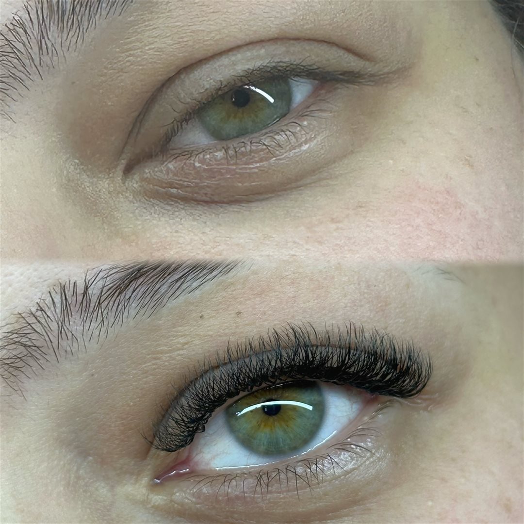 Antes e depois do alongamento de cílios - acabamento impecável
