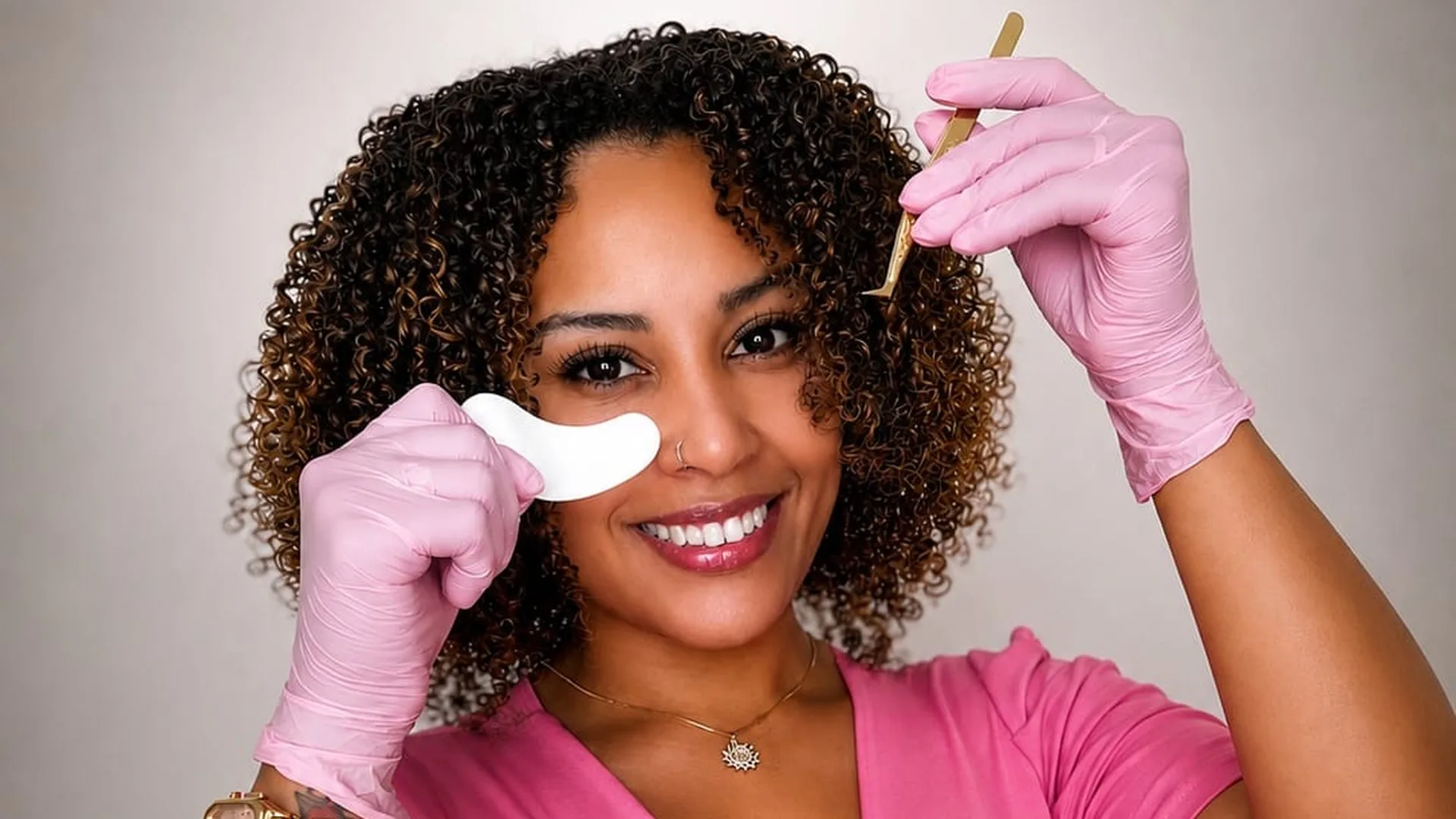 Helen Oliveira, lash designer, aplicando alongamento de cílios